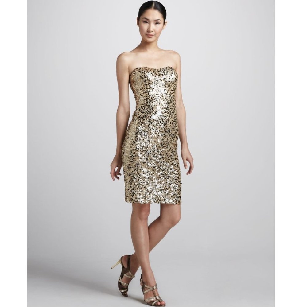 $425 Badgley Mischka Couture Sequenced Strapless Cocktail Dress Gold size XXS 0 - Picture 1 of 5